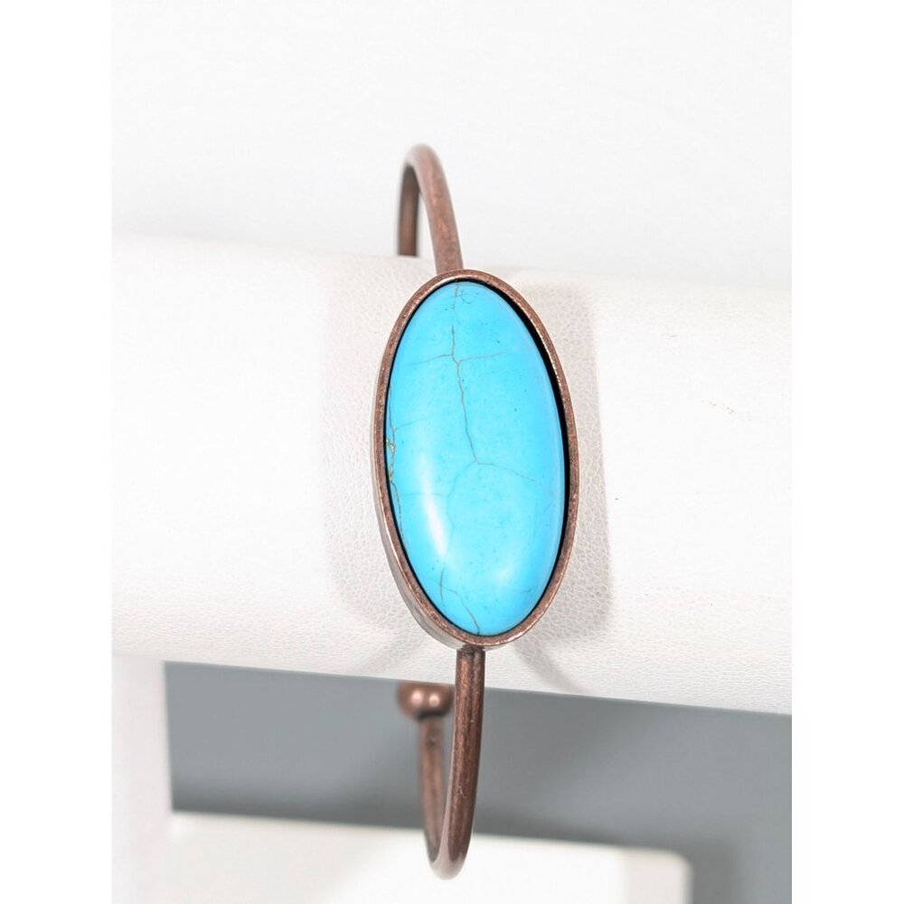Boho Western Copper Tone Blue‎ Faux Turquoise Stone Cuff Bracelet 6.5"